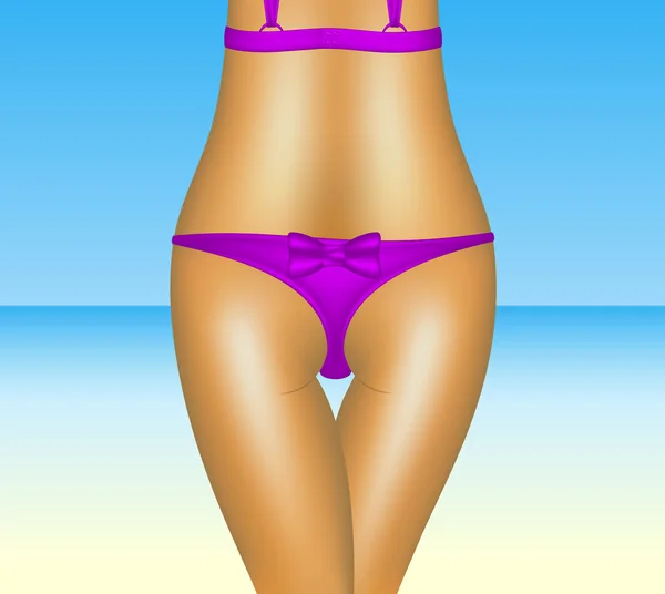 紫色のビキニ、ビーチの背景にセクシーな女性 — Stockový vektor