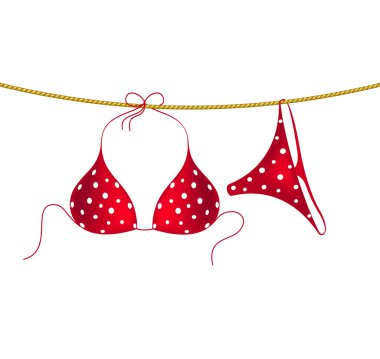 kırmızı bikini takım elbise ile beyaz noktalar ipte asılı