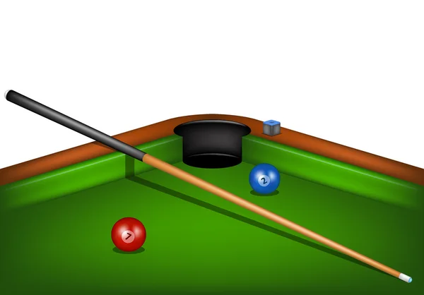 Billiard table with billiard cue, chalk and billiard balls — Stock Vector