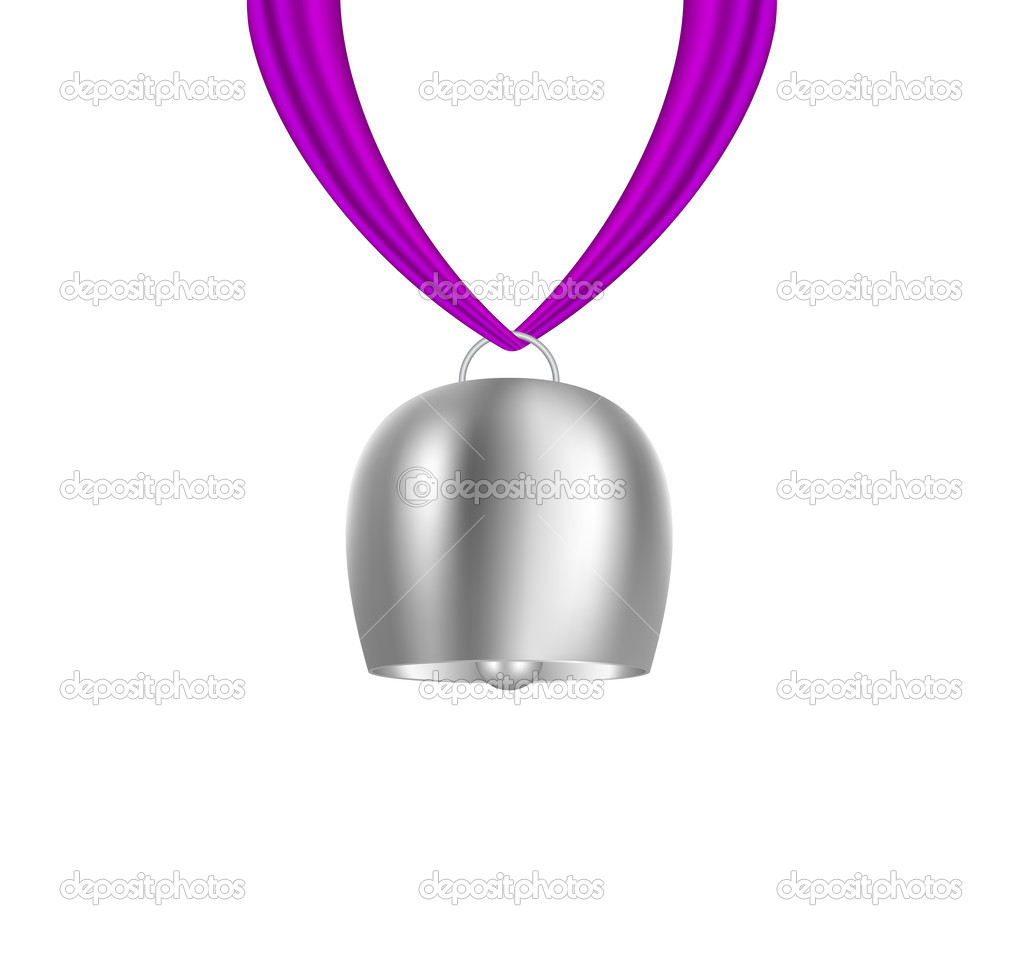 Cowbell hanging on purple piece of cloth