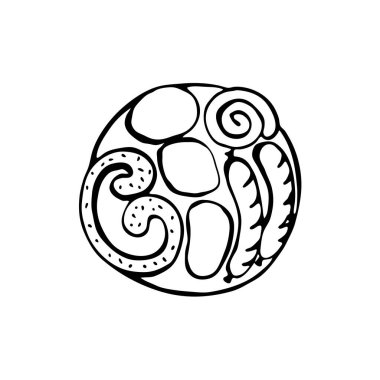 Bir tabak yemeğin karalama resmi. Sosis, patates, simit. Web tasarımı için el çizimi ögesi, kırtasiye, poster, broşür, logo