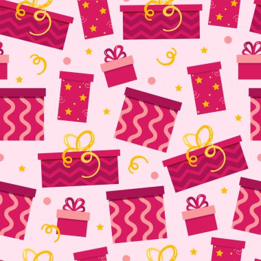 Şenlikli ambalaj için kusursuz desen. Hediye paketleme, ofis malzemeleri, kartpostallar için hediye kutularıyla vektör geçmişi. Hediye kutularıyla kusursuz desen. Pembe desen