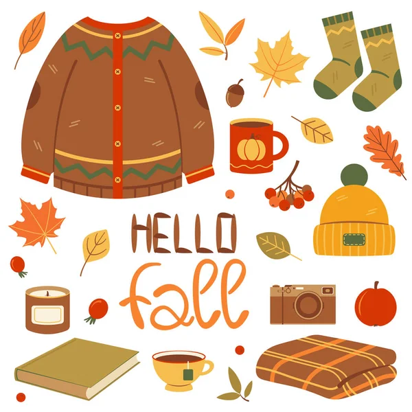 Conjunto Ilustraciones Hola Otoño Elementos Vectoriales Para Diseño Postales Carteles — Vector de stock