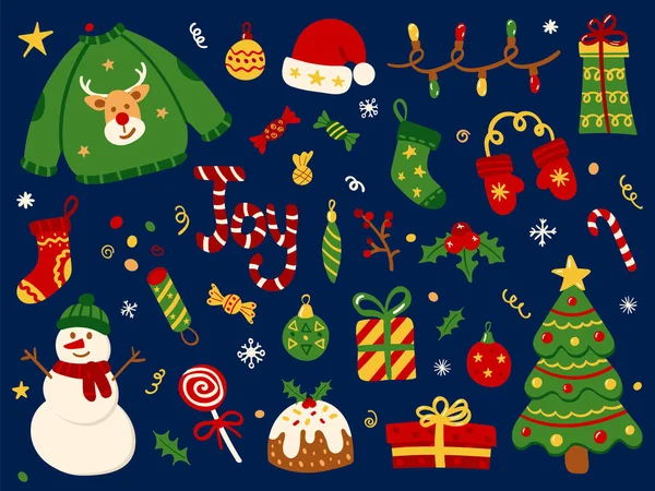 Christmas New Year Set Vector Doodles Festive Elements Decoration Posters — Stock vektor
