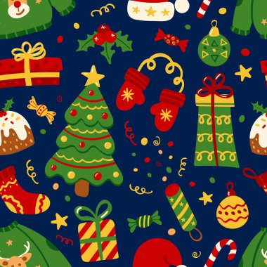 Kusursuz bir Noel ve yeni yıl düzeni. Hediye ambalajı, posterler, kartpostallar, kırtasiye malzemeleri için yeni yıl ve Noel unsurları ile desen.