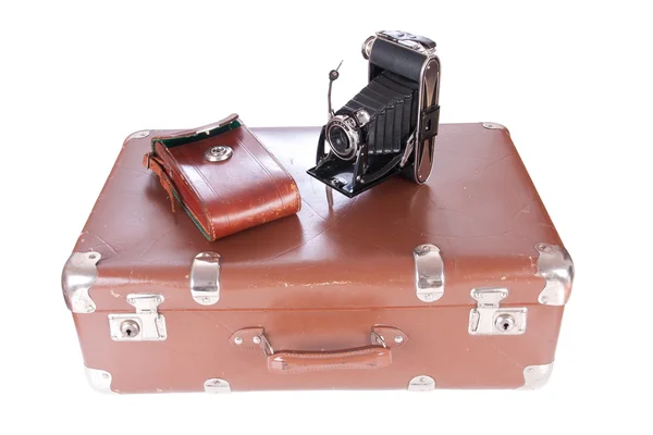 Vintage photography camera with leather case — Stock Photo, Image