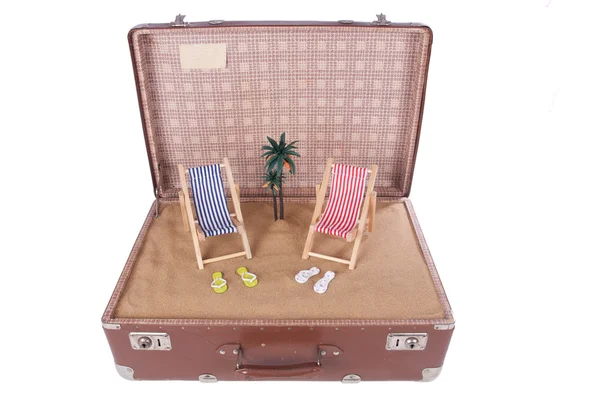 Pièce de la plage avec un palmier dans une vieille valise — Photo