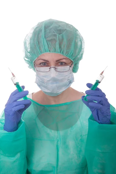 Doctor woman holds a medical syringe — Stock Photo, Image