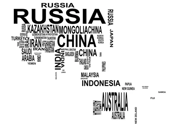 Aisa e oceania mappa con il nome del paese — Vettoriale Stock