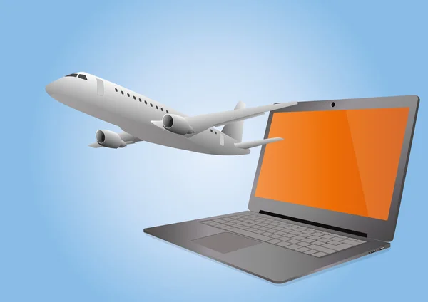 Avião e laptop — Vetor de Stock