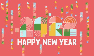 Tasarım konsepti 2022 Mutlu Yıllar. 2020 yeni yıl logosu geometrik şekillerden oluşur. Yılın çok renkli tasarımı ile selamlama. Pankart, kapak ve kart için renkli arka planlar. Vektör