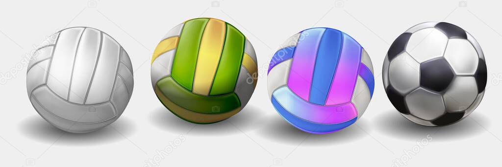 Realistic sports balls for playing games vector illustrations set. Round sports equipment icons isolated on white background. Illustration of soccer and volleyball ball