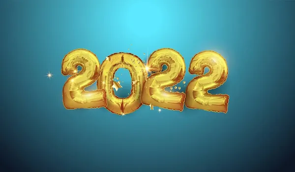 Frohes neues Jahr 2022. Realistische Gold-Metall-Luftballons Hintergrund. Dekorative Gestaltungselemente, Goldkonfetti auf blauem Hintergrund. Urlaubsposter, Banner, Grußkarte. Vektorillustration. — Stockvektor