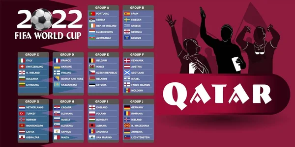 Illustration vectorielle, écran de chargement de la Coupe du Monde du Qatar en 2022. Tableau des groupes, résultats des tirages, drapeaux des pays européens. — Image vectorielle