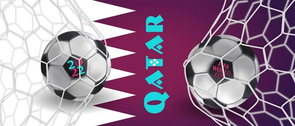 Football Tournament, Football Cup, Background Design Template, Vector Illustration, 2022. Soccer ball in the goal, vector on Qatar flag background — Stock Vector