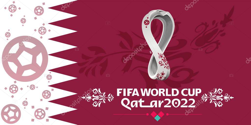 4 September 2019, Moscow, Russia. Copy of world cup trophy on background logo of the FIFA world Cup 2022, which will be held in Qatar, on a giant screen in the city center.