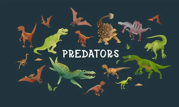 Un set con predatori di dinosauri dei cartoni animati isolati su uno sfondo scuro. Illustrazione vettoriale di antichi rettili con denti, ali, punte. 10 diversi tipi di icone di dinosauro. — Vettoriale Stock