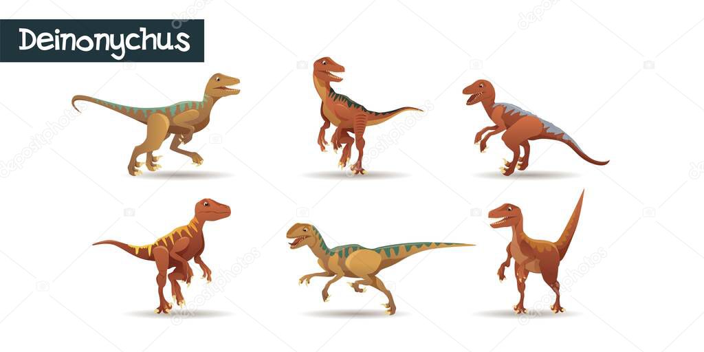 Deinonychus, a realistic looking dinosaur in 6 different poses. Colorful vector illustration of a predator for children