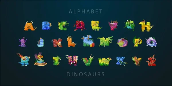Divertido alfabeto de dibujos animados de dinosaurios. Cartas divertidas con elementos animales están aislados. Ilustración vectorial — Archivo Imágenes Vectoriales