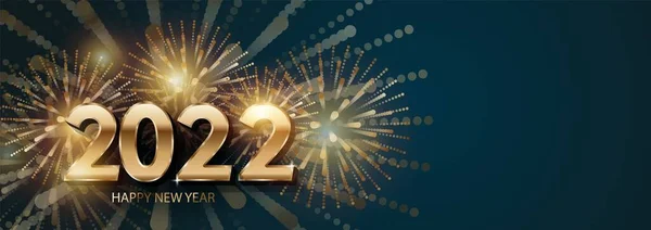 Цветной фейерверк 2022 Новогодняя векторная иллюстрация, яркий на темно-синем фоне, текст С Новым годом. Плоский стиль, геометрический дизайн. Концепция праздничного декора, открытка, плакат, баннер, флаер — стоковый вектор