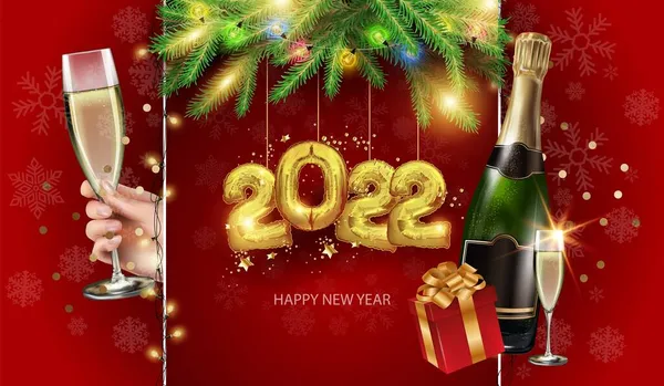 2022 Vrolijk Kerstfeest en Gelukkig Nieuwjaar spandoek. Vakantie achtergrond met realistische blauwe geschenkdoos, champagnefles, confetti en sneeuwvlok. Vectorillustratie. — Stockvector