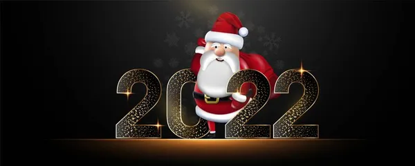 Banner gelukkig nieuwjaar 2022 met illustratie santa claus op zwarte achtergrond. Kerstspandoek. De kerstman. Vector 2022. — Stockvector