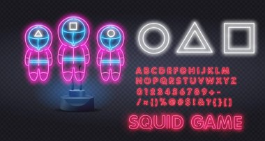 Neon Game karakteri. Oyun piyonları. Kare üçgen daire. Kalamar Oyunları. Vektör neon illüstrasyonu