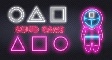Neon Game karakteri. Oyun piyonları. Kare üçgen daire. Kalamar Oyunları. Vektör neon illüstrasyonu