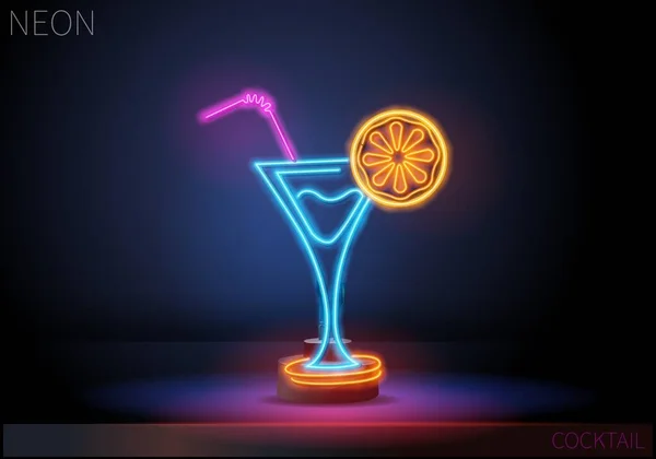 Cocktail neon skylt, ljus skylt, ljus banner. Cocktail logotyp, emblem. Vektor neon illustration att annonsera en bar, café, restaurang — Stock vektor