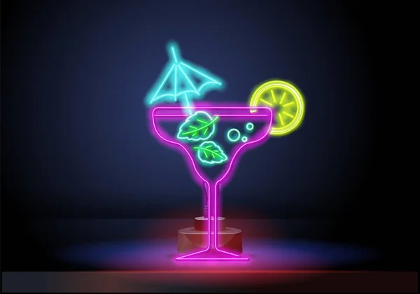 Neon-Cocktail. Modezeichen. Nachtleuchttafel, Leuchtendes Banner. Sommerwappen. Club Bar Logo auf dunklem Hintergrund. Alkoholgetränk mit Regenschirm im Glas. — Stockvektor