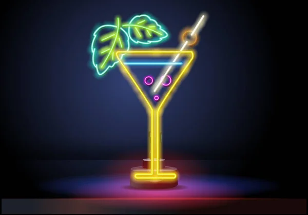 Tropische Cocktail-Leuchtreklame. Sommer- und Urlaubsgestaltung. Nachtleuchtende Leuchtreklame, bunte Werbetafel, Lichtbanner. Vektorillustration im Neon-Stil. — Stockvektor