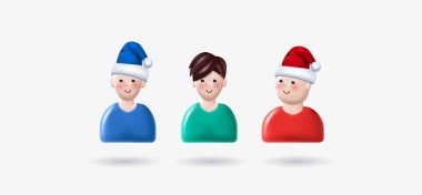 Avatar profil resmi için yeni yıl mavi ve kırmızı şapkalı gençlerin ikonları. Şirin çizgi film modern tasarımı. 3B Web Vektör Resimleri.