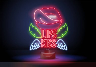 Kırmızı kadın dudakları ve diliyle ağzını aç. Neon işareti KISS LIPS, parlak tabela, hafif pankart. Gece kulübü logosu, amblem..