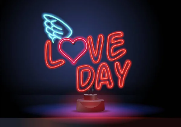 Texte de Happy Love Day. Panneau au néon sur le mur de briques bleu foncé. Carte de Saint-Valentin avec lettres fluo brillantes. Illustration vectorielle de style années 80. — Image vectorielle