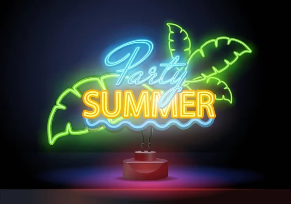 Fête d'été avec des feuilles tropicales et des cocktails. L'affiche au néon fête d'été. Publicité Voyage en vacances à la mer. Illustration vectorielle sur fond noir. — Image vectorielle