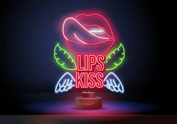 Open mouth with red female lips and tongue. Neon sign KISS LIPS, bright signboard, light banner. Night club logo, emblem. — Stock Vector