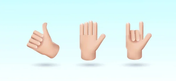 Un conjunto de manos con diseño 3D realista en estilo de dibujos animados. Tres manos muestra diferentes gestos-signos. Una colección aislada sobre un fondo claro. Ilustración vectorial — Archivo Imágenes Vectoriales