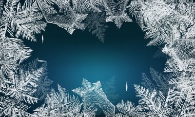 Kış zamanı. Pencerede Noel çiçeği Poinsettia gibi buz var. Donmuş pencere arkaplanı Noel indirimi ya da yeni yıl partisi broşürleri için kullanılabilir. Vektör EPS10.