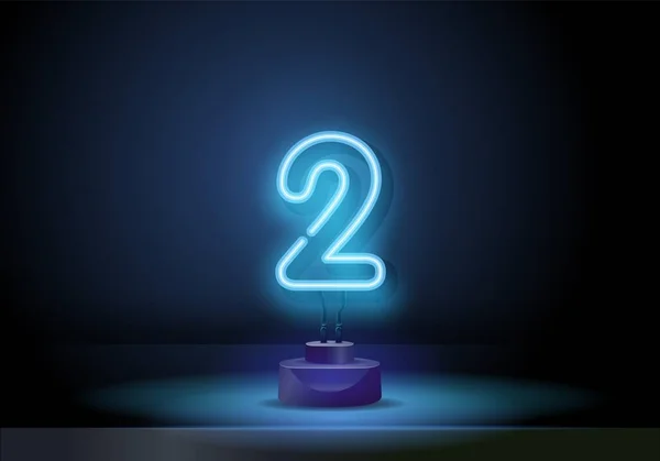 Number two in neon style. Neon blue number 2 on black background. Learning numbers, serial number, price, place. Vector illustration — Stock vektor