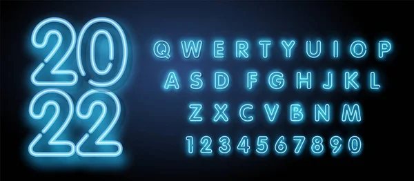 2022 Bright Neon Alphabet Letters, Numbers and Symbols Sign in Vector. Night Show. Night Club. — Stockvektor