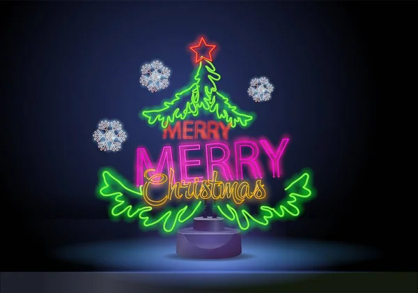 Trei ilustrații de Crăciun în stil neon. Neon Trei semne de vacanță în rame de cerc cu sacru, brad de Crăciun și șosetă de vacanță. Ilustrație vectorială. — Vector de stoc