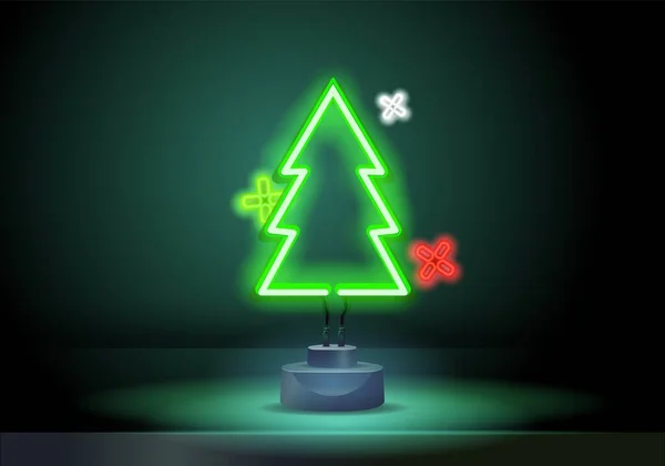 Christmas tree green neon light. Neon Three holiday signs, christmas tree and holiday sock. Vector illustration. — Stock Vector