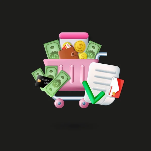 塑料篮子图标。3D购物车里面装着钱购物主题上的商业图标。3D矢量插图，附有手工及钞票。矢量插图，黑色背景 — 图库矢量图片
