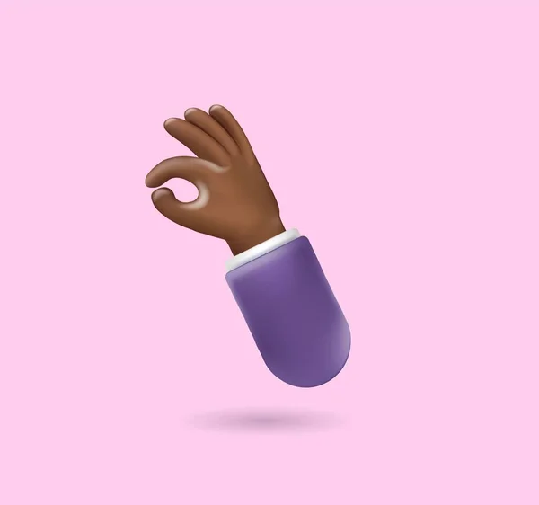 Ícone de mão 3d com cinco dedos no fundo rosa. Mão volumétrica de plástico com pele escura para o seu design. Ilustração de gesto realista vetorial, clipart de negócios, mãos escuras isoladas —  Vetores de Stock