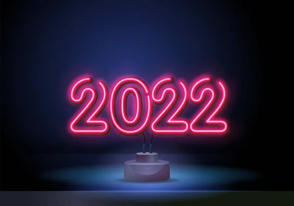 2022 Neon Text. Pink neon 2022 New Year Design template. Light Banner. Vector Illustration. New 2022 Year sign in neon design on brick wall background. — 图库矢量图片