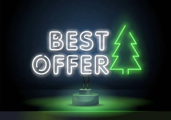 Winter sale in neon style. Special offer. BEST OFFER neon text with christmas tree. Bright, contrasting background, poster. Neon light control — Stock Vector