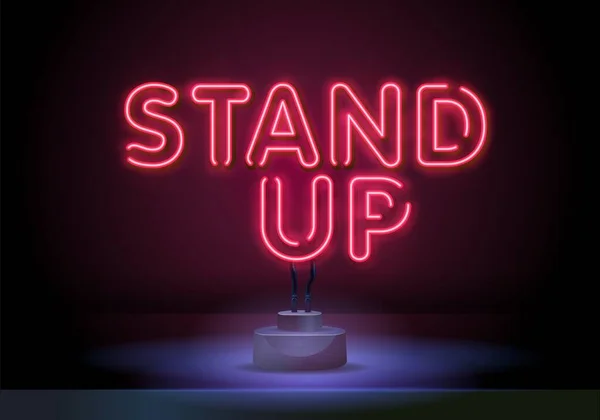 Stand Up neon sign. Neon sign, bright signboard, light banner. Microphone neon. Template for karaoke, live music, stand up, comedy show — Stockvektor