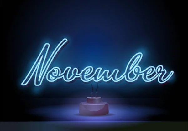 Neon symbol for November : Month Name with colorful elements. November on a stand. Neon glowing lettering on a dark wall background. — Vetor de Stock