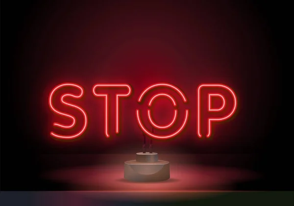 Neonstoppskylt. Vektor realistiska neon bokstäver. Röd neonskylt STOP på stativ för din banner design, affischer i neon stil — Stock vektor