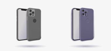 Minimalistic modern 3d layouts of gray and purple smartphones for presentations, application display, information graphics, etc. Vector